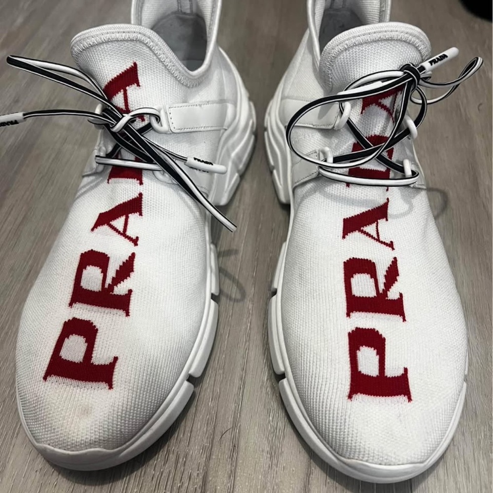 Prada Women's White and Red Logo Sneakers